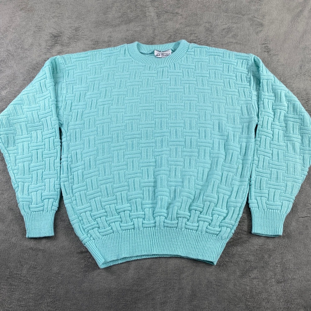 SOLD-La Vista Sweater Pullover Aqua Blue Basket Weave Knit Crew Neck Women L USA